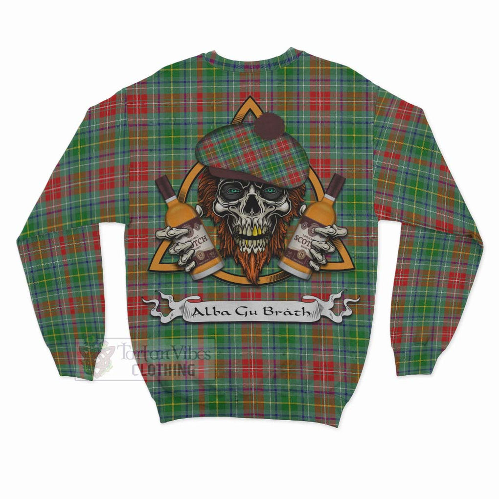 Tartan Vibes Clothing Muirhead Tartan Sweatshirt with Family Crest and Bearded Skull Holding Bottles of Whiskey