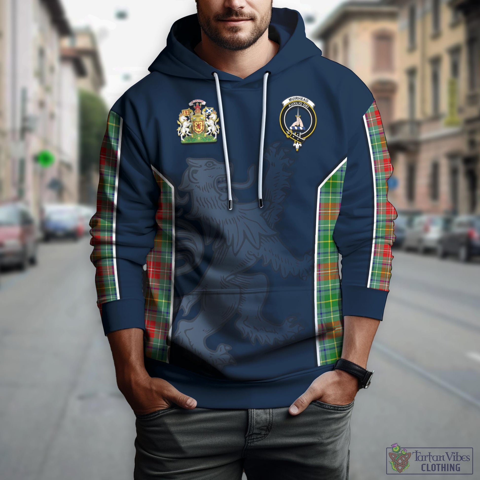 Tartan Vibes Clothing Muirhead Tartan Hoodie with Family Crest and Lion Rampant Vibes Sport Style