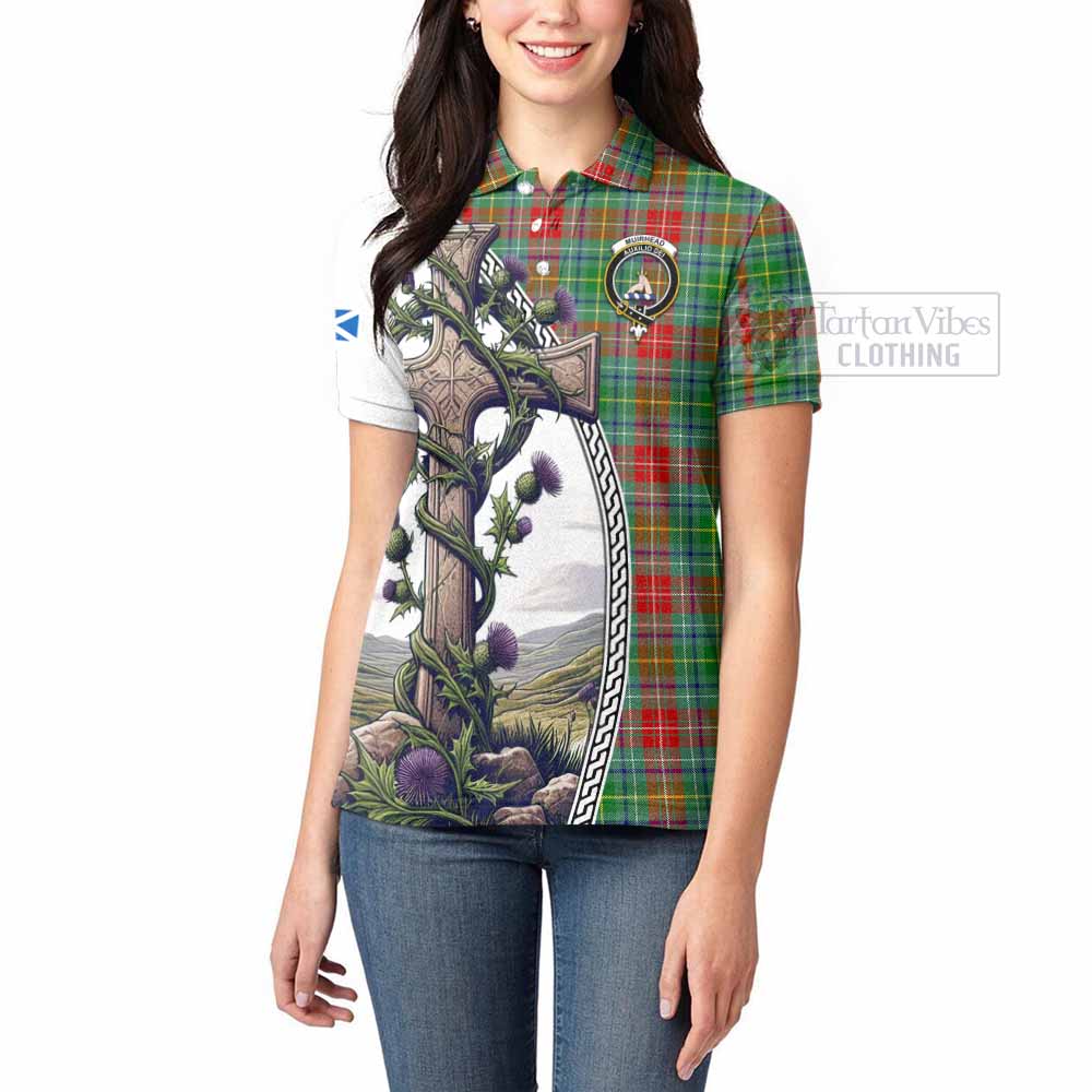 Tartan Vibes Clothing Muirhead Tartan Women's Polo Shirt with Family Crest and St. Andrew's Cross Accented by Thistle Vines