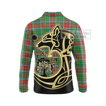 Muirhead Tartan Long Sleeve Polo Shirt with Family Crest Celtic Wolf Style