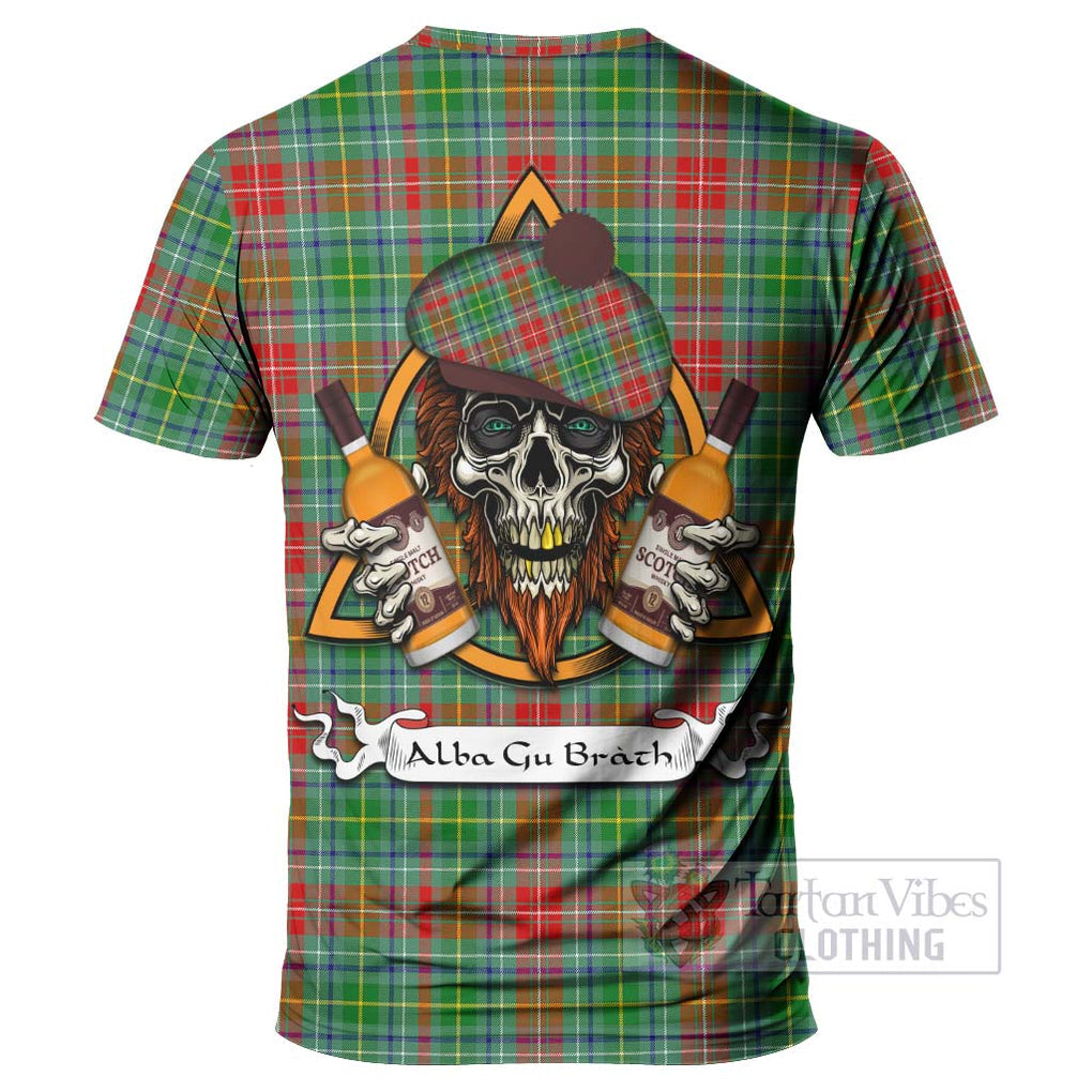 Tartan Vibes Clothing Muirhead Tartan T-Shirt with Family Crest and Bearded Skull Holding Bottles of Whiskey