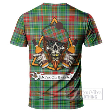 Muirhead Tartan T-Shirt with Family Crest and Bearded Skull Holding Bottles of Whiskey