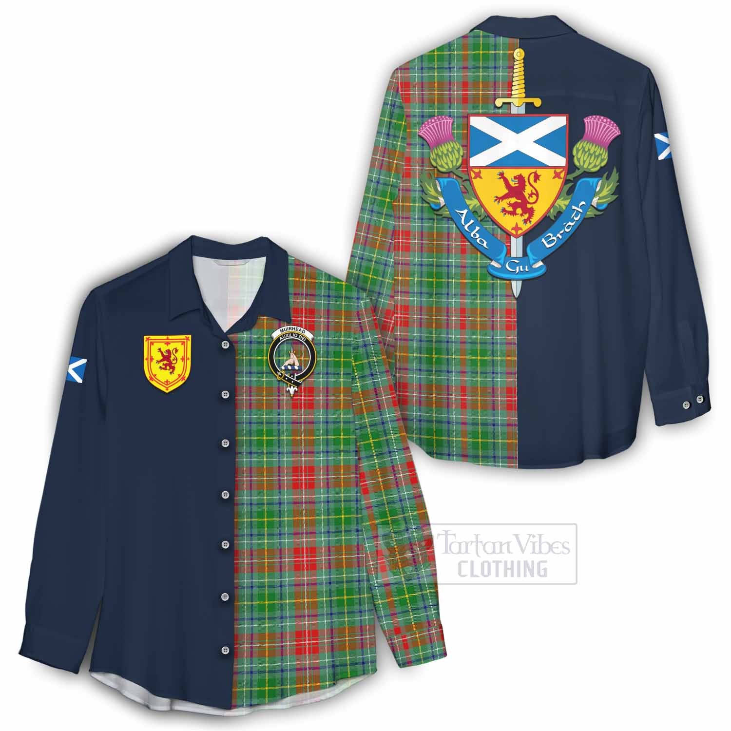 Tartan Vibes Clothing Muirhead Tartan Women's Casual Shirt Alba with Scottish Lion Royal Arm Half Style