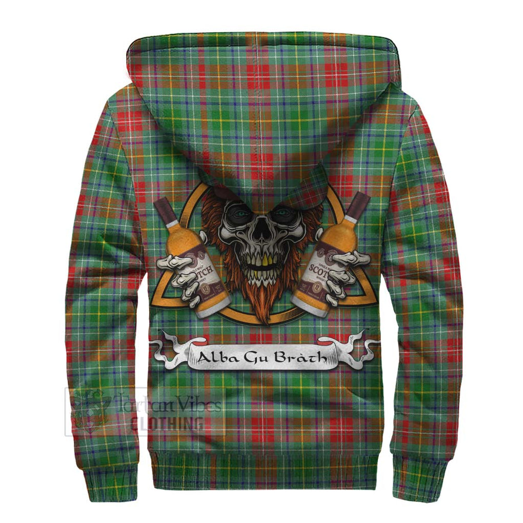 Tartan Vibes Clothing Muirhead Tartan Sherpa Hoodie with Family Crest and Bearded Skull Holding Bottles of Whiskey