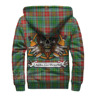 Muirhead Tartan Sherpa Hoodie with Family Crest and Bearded Skull Holding Bottles of Whiskey