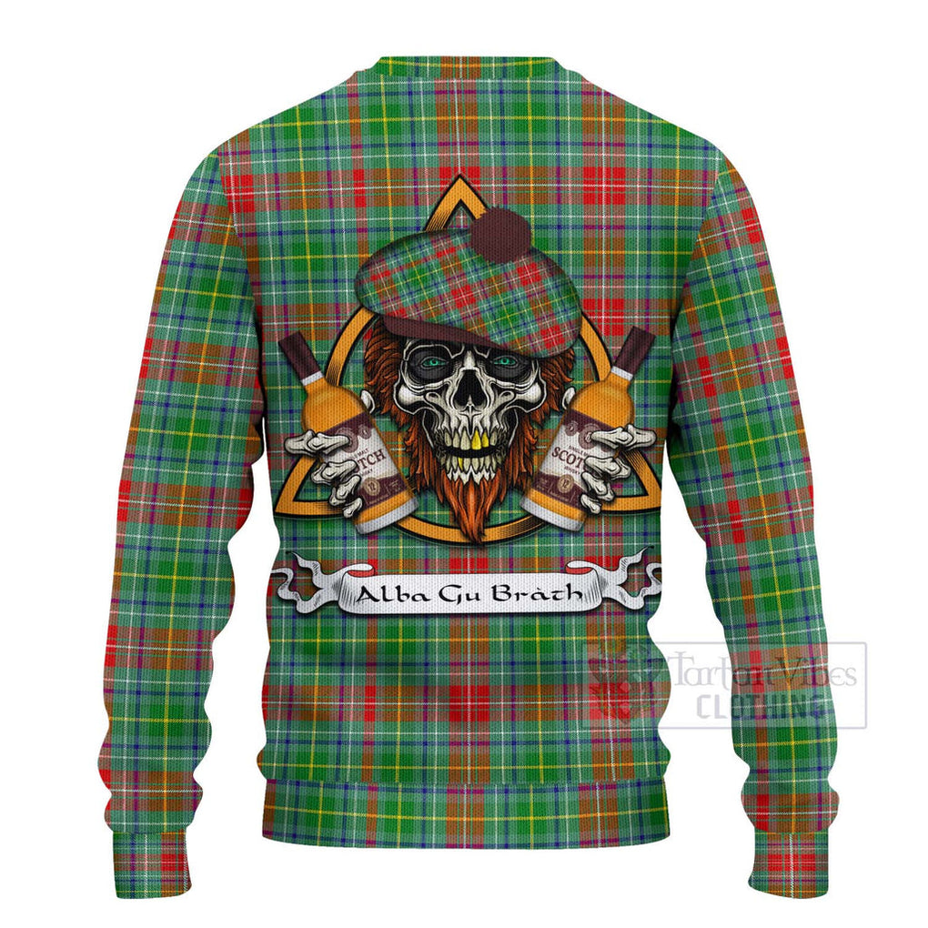 Tartan Vibes Clothing Muirhead Tartan Knitted Sweater with Family Crest and Bearded Skull Holding Bottles of Whiskey