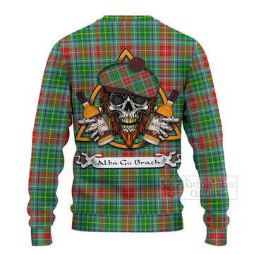 Muirhead Tartan Ugly Sweater with Family Crest and Bearded Skull Holding Bottles of Whiskey