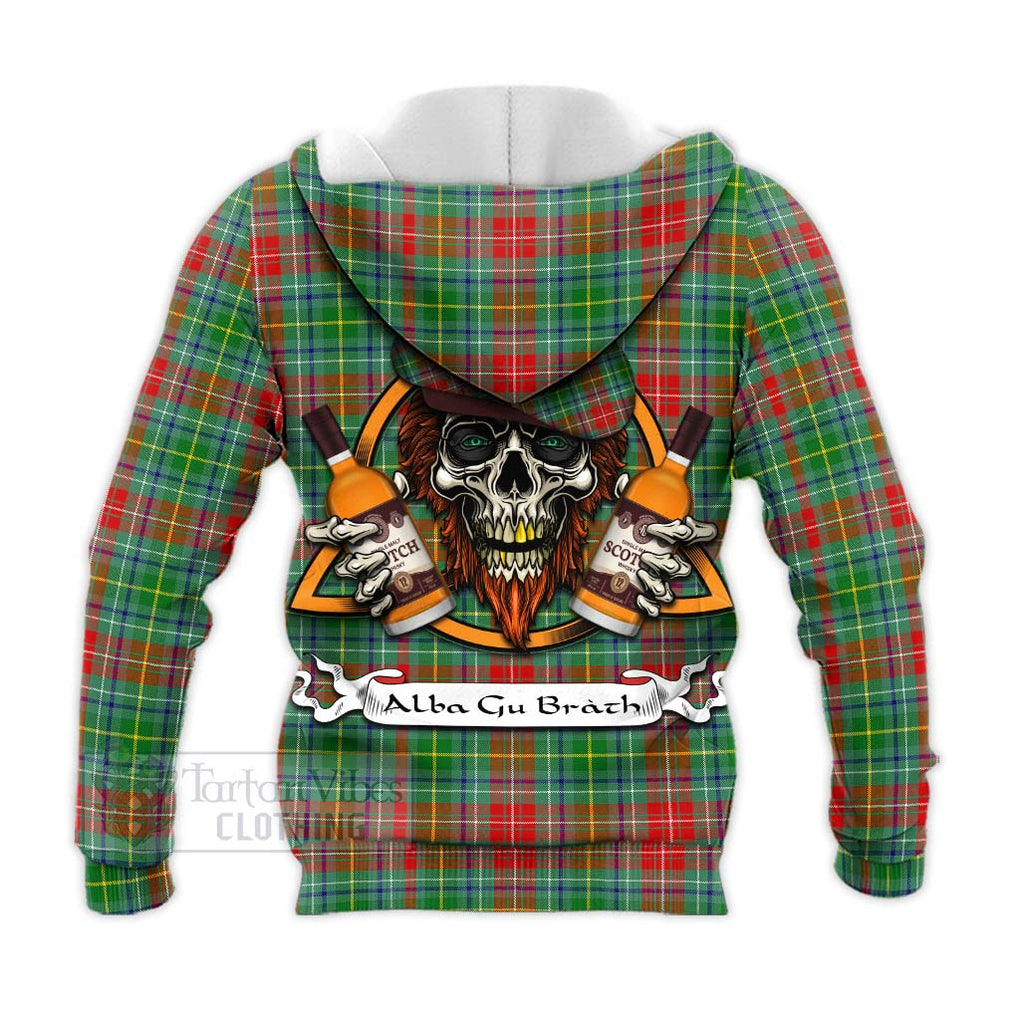 Tartan Vibes Clothing Muirhead Tartan Knitted Hoodie with Family Crest and Bearded Skull Holding Bottles of Whiskey