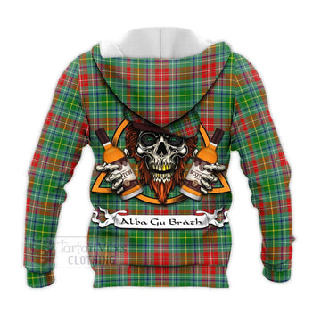 Muirhead Tartan Knitted Hoodie with Family Crest and Bearded Skull Holding Bottles of Whiskey