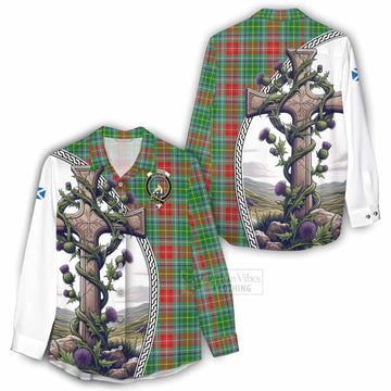 Muirhead Tartan Women's Casual Shirt with Family Crest and St. Andrew's Cross Accented by Thistle Vines