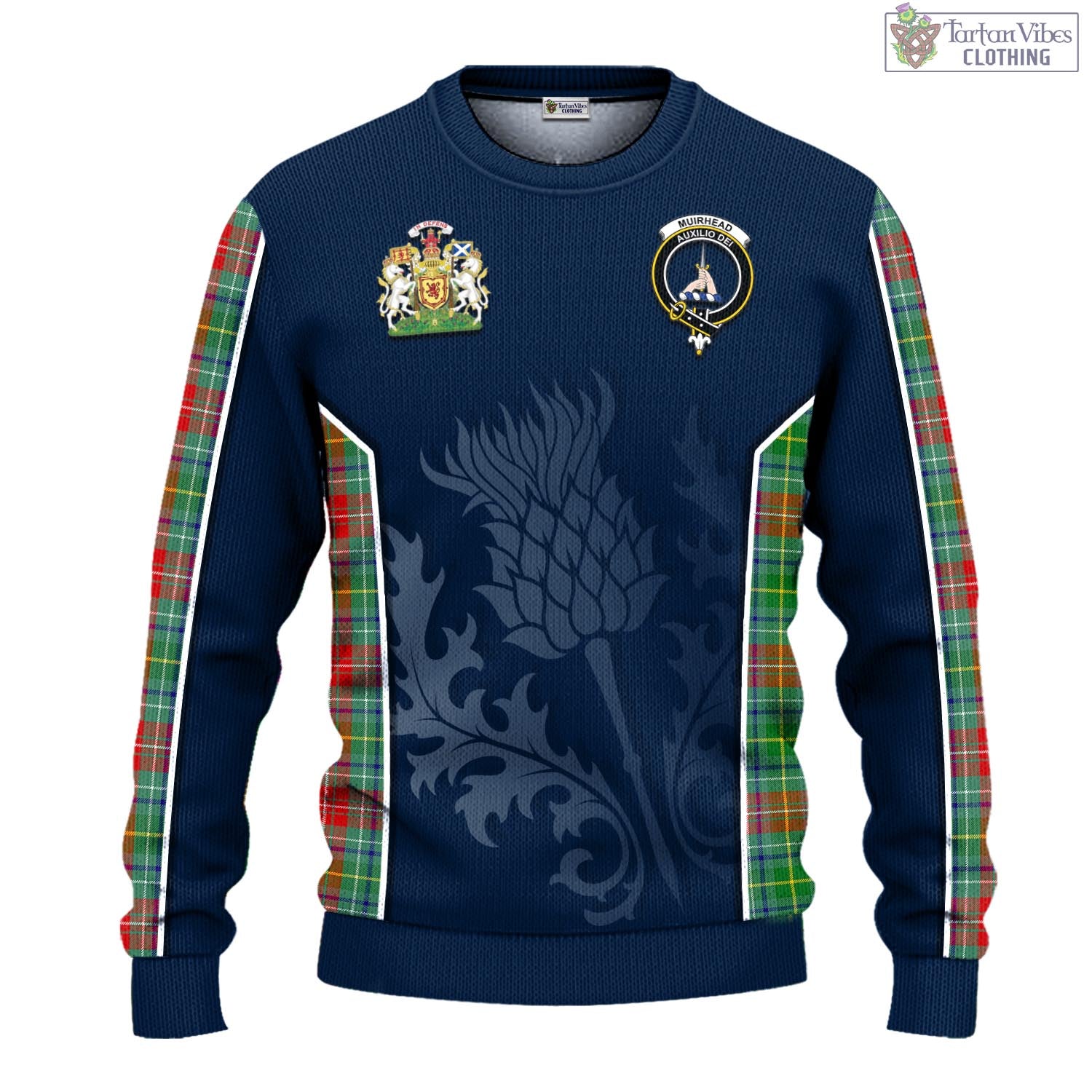 Tartan Vibes Clothing Muirhead Tartan Knitted Sweatshirt with Family Crest and Scottish Thistle Vibes Sport Style