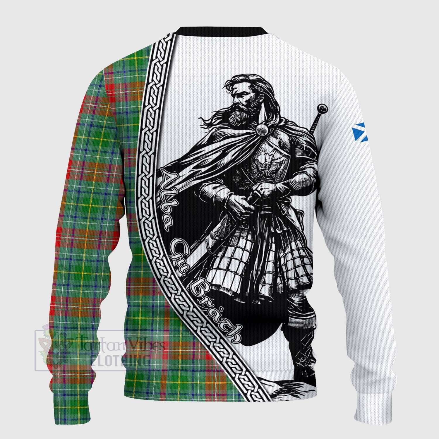 Tartan Vibes Clothing Muirhead Tartan Clan Crest Knitted Sweater with Highlander Warrior Celtic Style