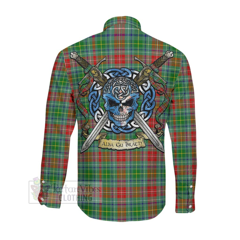 Tartan Vibes Clothing Muirhead Tartan Long Sleeve Button Shirt with Family Crest Celtic Skull Style