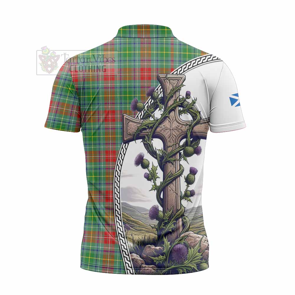 Tartan Vibes Clothing Muirhead Tartan Zipper Polo Shirt with Family Crest and St. Andrew's Cross Accented by Thistle Vines