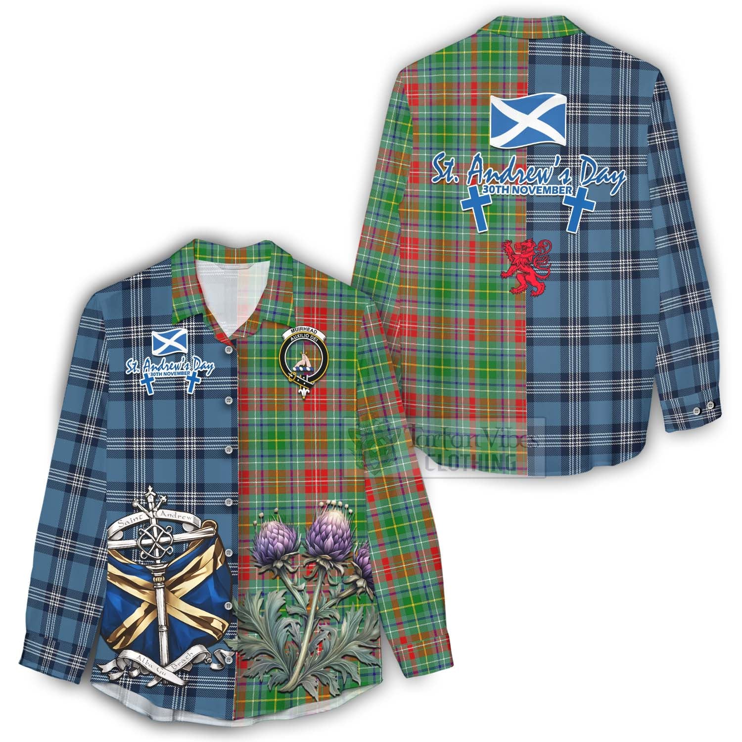 Tartan Vibes Clothing Muirhead Tartan Women's Casual Shirt Happy St. Andrew's Day Half Tartan Style