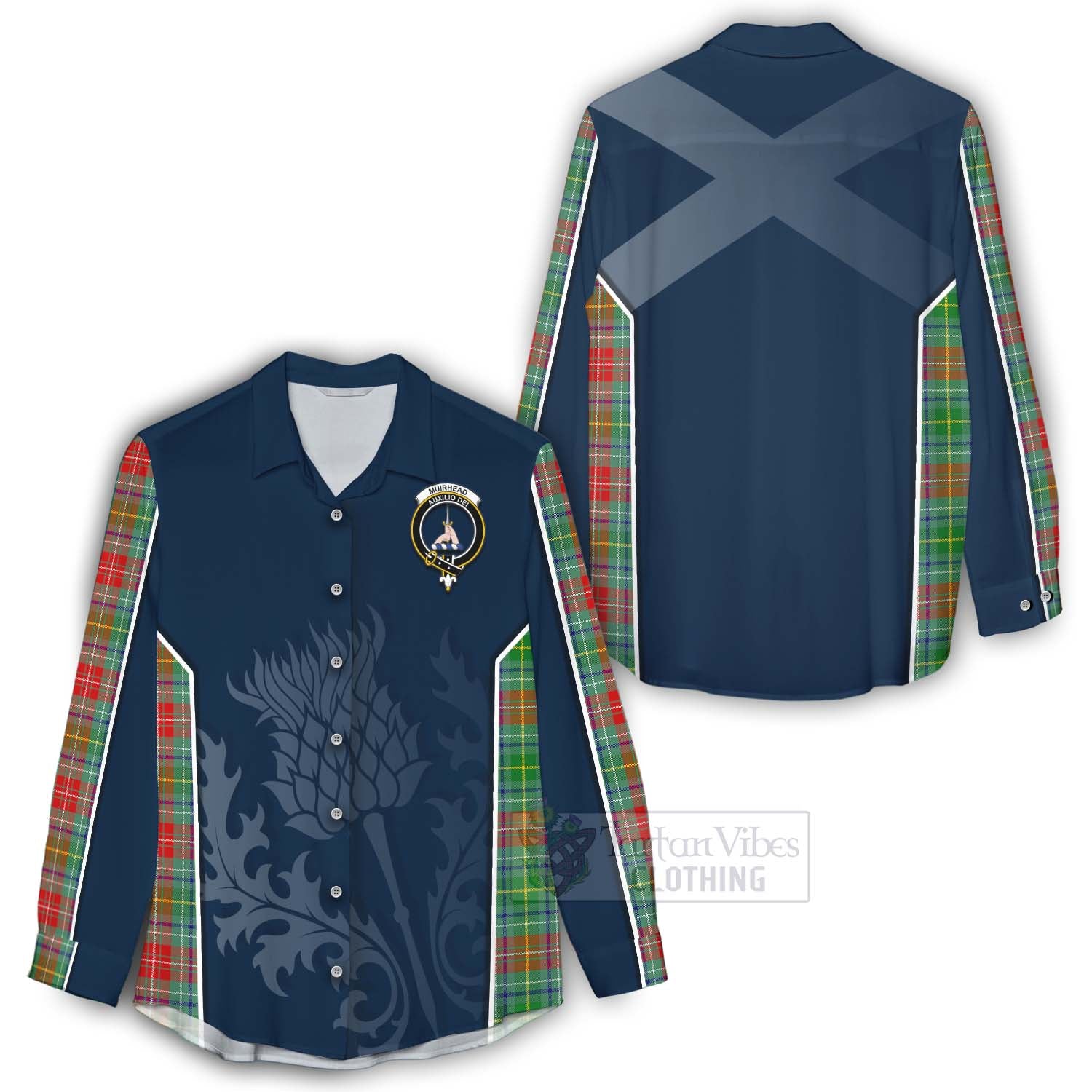 Tartan Vibes Clothing Muirhead Tartan Women's Casual Shirt with Family Crest and Scottish Thistle Vibes Sport Style