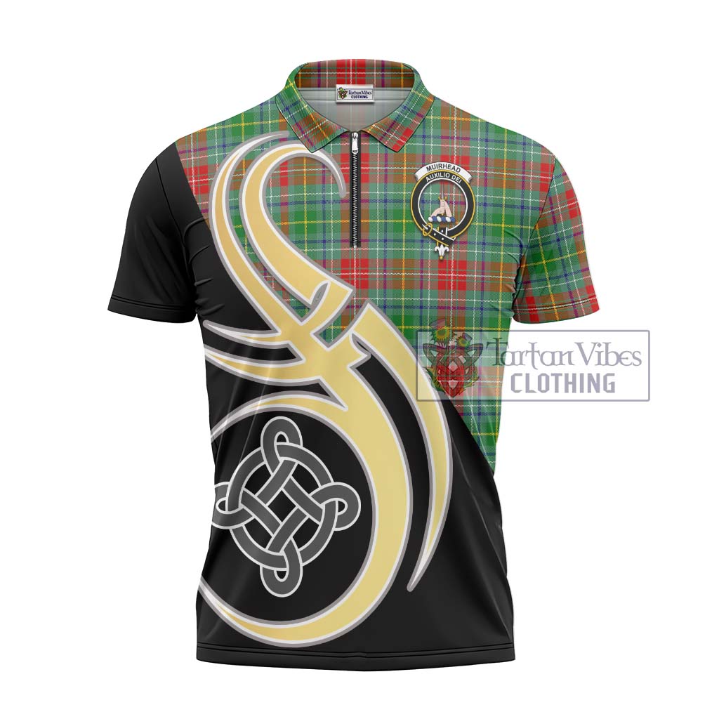 Tartan Vibes Clothing Muirhead Tartan Zipper Polo Shirt with Family Crest and Celtic Symbol Style