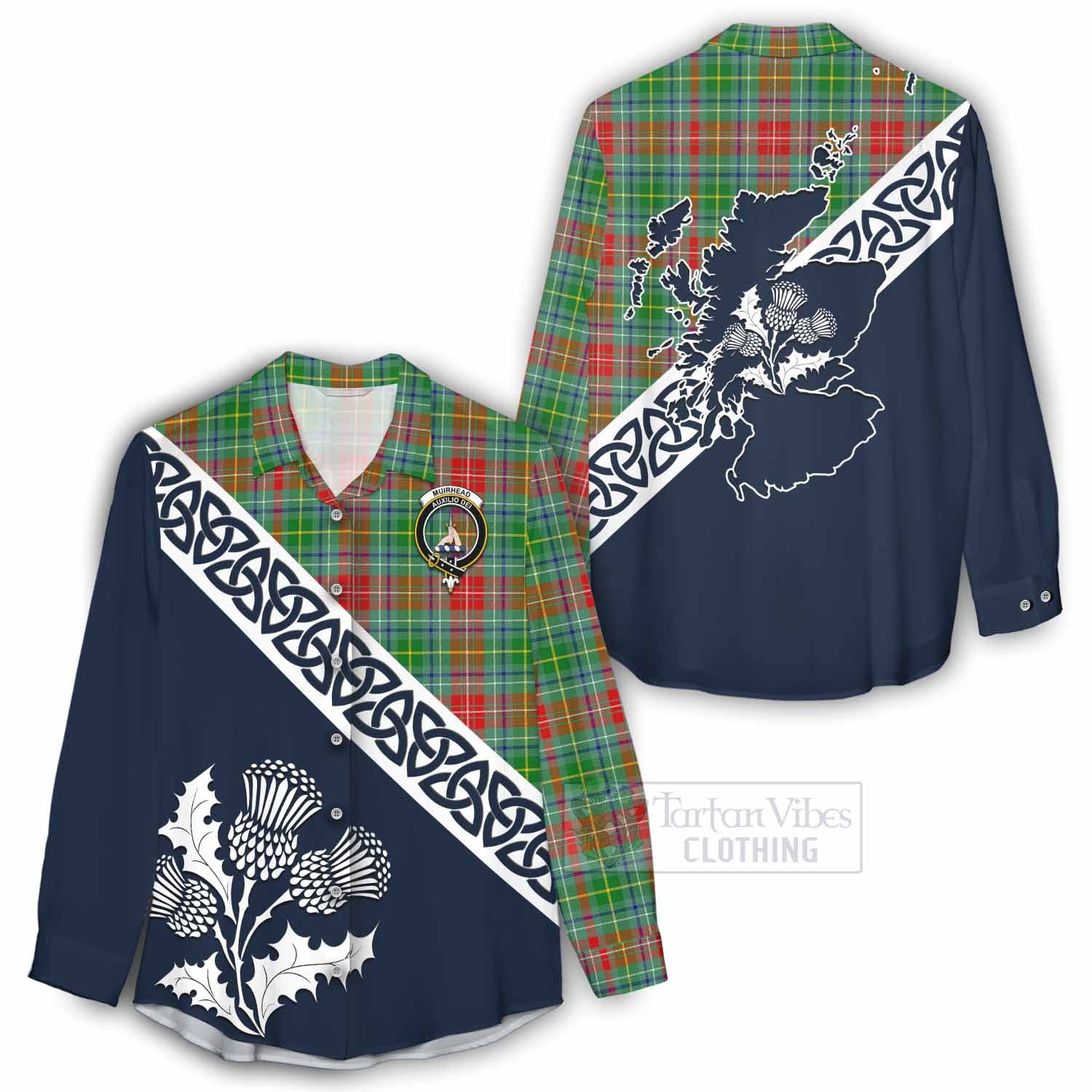 Tartan Vibes Clothing Muirhead Tartan Women's Casual Shirt Featuring Thistle and Scotland Map