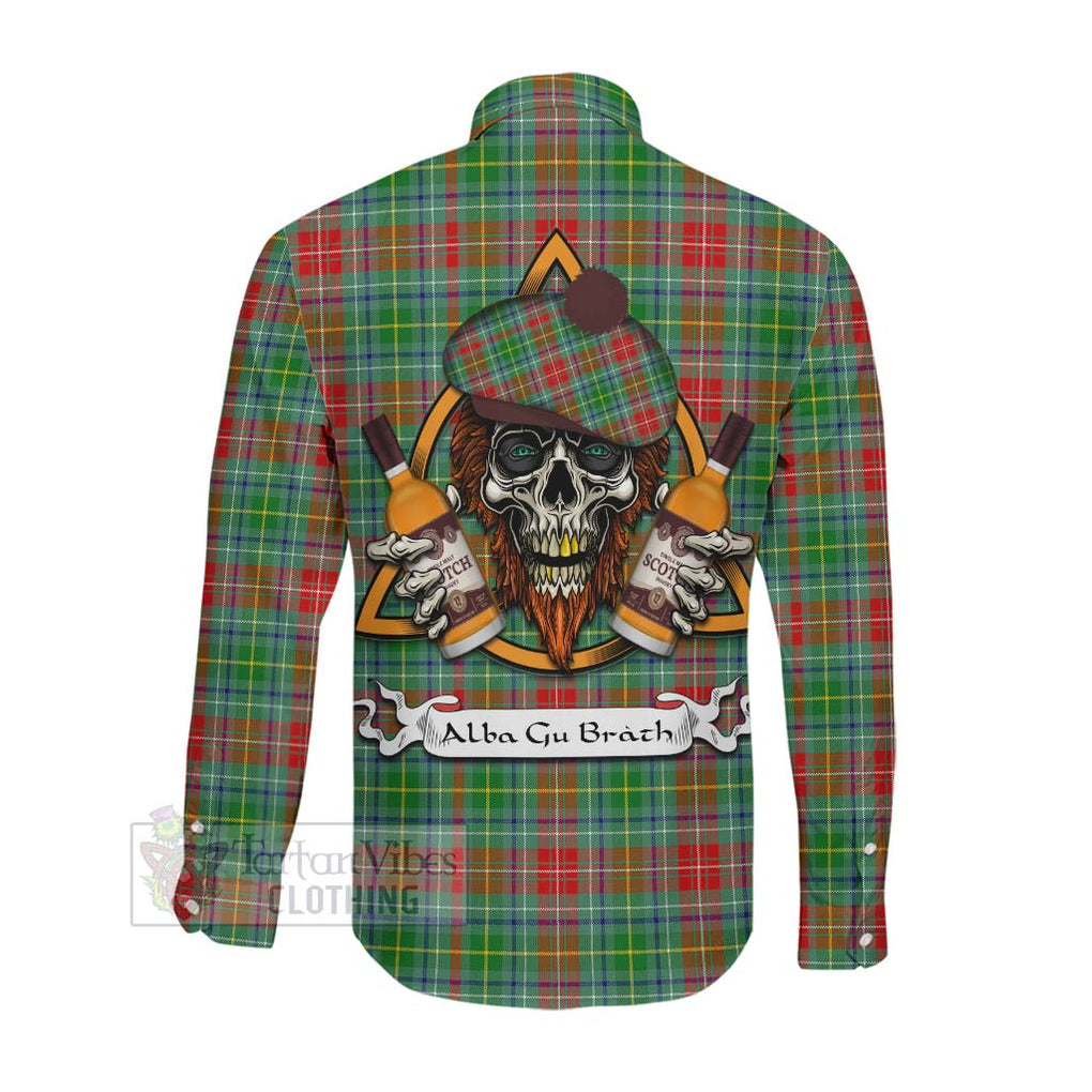 Tartan Vibes Clothing Muirhead Tartan Long Sleeve Button Shirt with Family Crest and Bearded Skull Holding Bottles of Whiskey