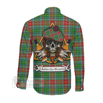 Muirhead Tartan Long Sleeve Button Shirt with Family Crest and Bearded Skull Holding Bottles of Whiskey