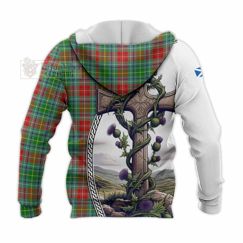 Tartan Vibes Clothing Muirhead Tartan Knitted Hoodie with Family Crest and St. Andrew's Cross Accented by Thistle Vines