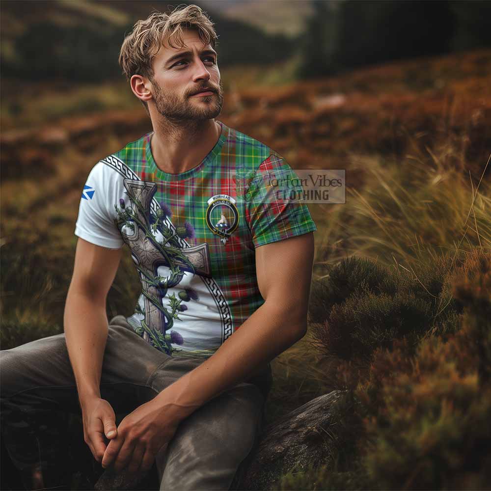 Tartan Vibes Clothing Muirhead Agnew Tartan T-Shirt with Family Crest and St. Andrew's Cross Accented by Thistle Vines