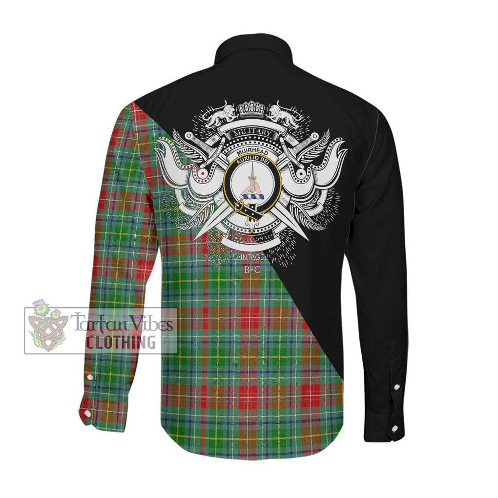 Muirhead Tartan Long Sleeve Button Shirt with Family Crest and Military Logo Style Men's Shirt - Tartanvibesclothing Shop