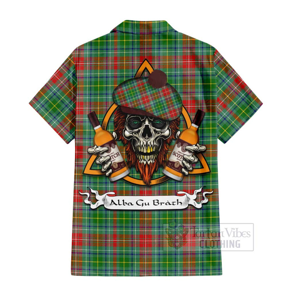 Tartan Vibes Clothing Muirhead Tartan Short Sleeve Button Shirt with Family Crest and Bearded Skull Holding Bottles of Whiskey