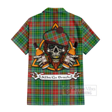 Muirhead Tartan Short Sleeve Button Shirt with Family Crest and Bearded Skull Holding Bottles of Whiskey