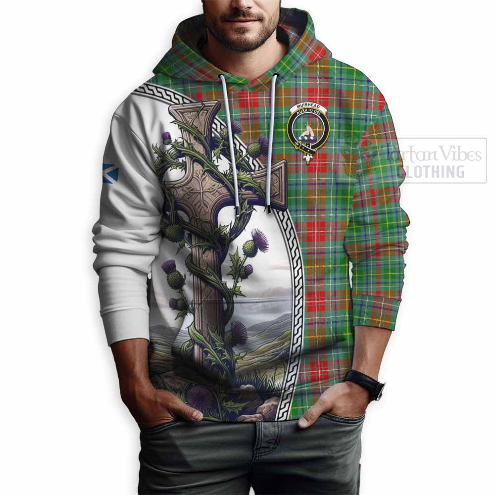 Tartan Vibes Clothing Muirhead Tartan Hoodie with Family Crest and St. Andrew's Cross Accented by Thistle Vines