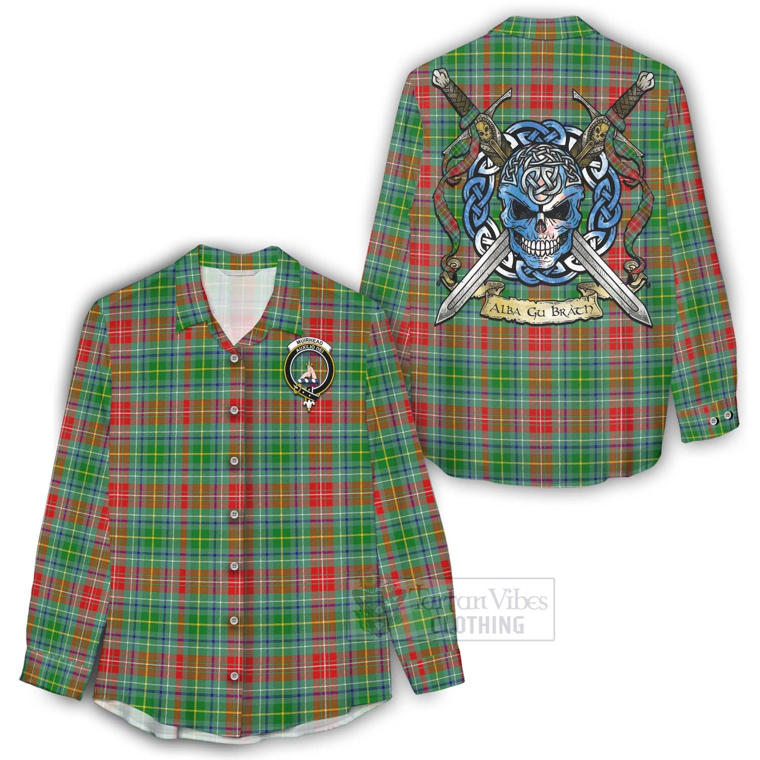 Tartan Vibes Clothing Muirhead Tartan Women's Casual Shirt with Family Crest Celtic Skull Style