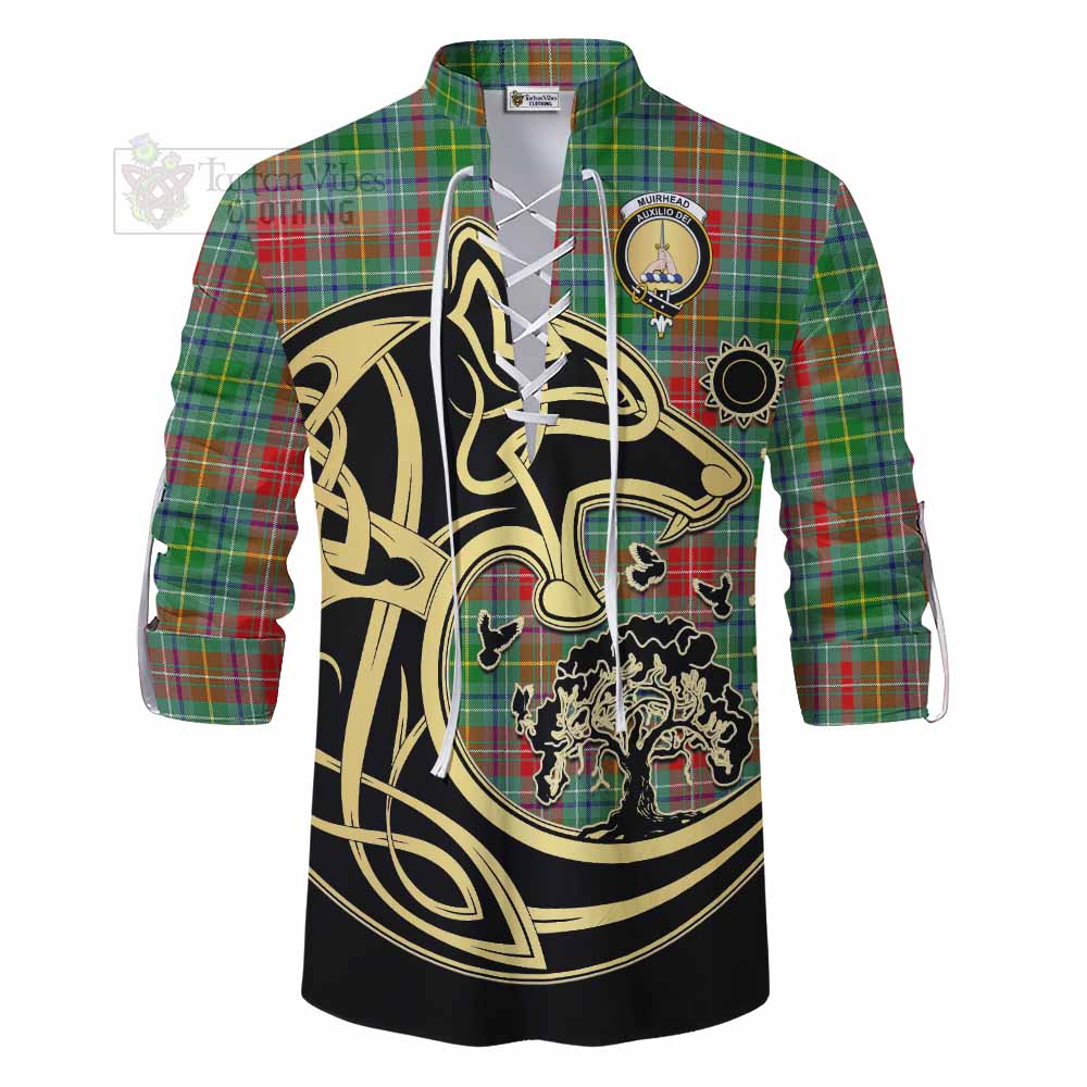 Tartan Vibes Clothing Muirhead Tartan Ghillie Kilt Shirt with Family Crest Celtic Wolf Style