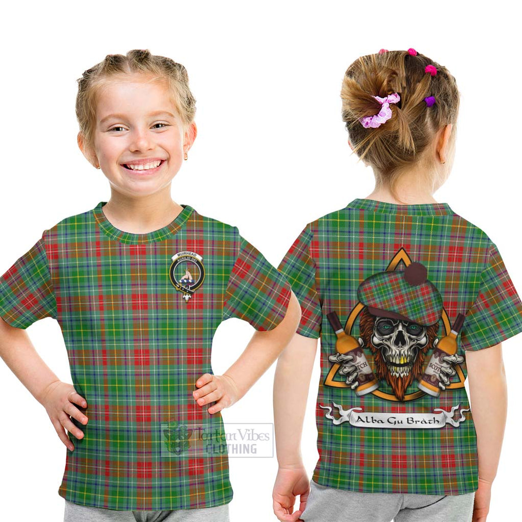 Tartan Vibes Clothing Muirhead Tartan Kid T-Shirt with Family Crest and Bearded Skull Holding Bottles of Whiskey