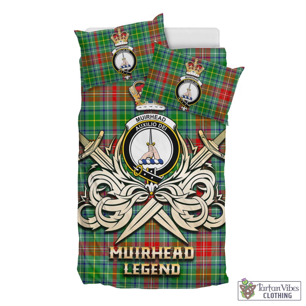 Tartan Vibes Clothing Muirhead Tartan Bedding Set with Clan Crest and the Golden Sword of Courageous Legacy