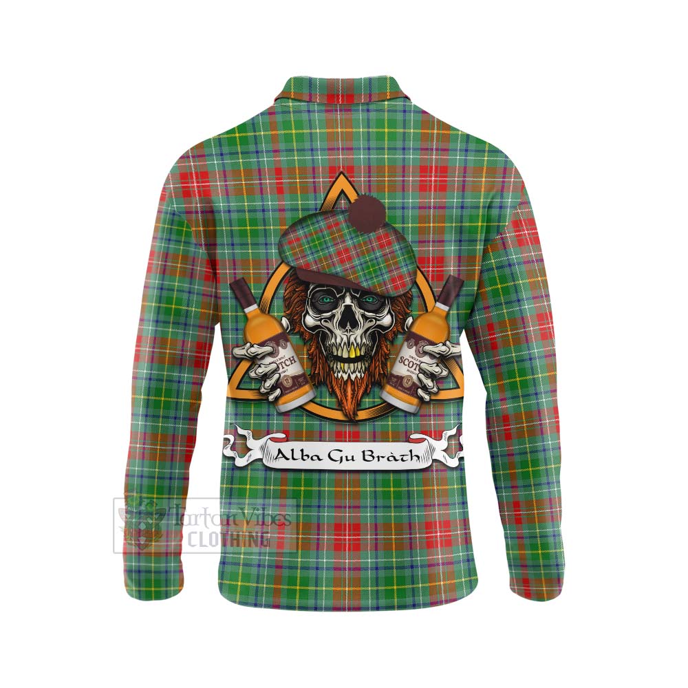 Tartan Vibes Clothing Muirhead Tartan Long Sleeve Polo Shirt with Family Crest and Bearded Skull Holding Bottles of Whiskey