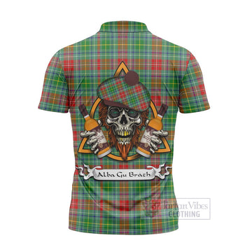 Muirhead Tartan Zipper Polo Shirt with Family Crest and Bearded Skull Holding Bottles of Whiskey