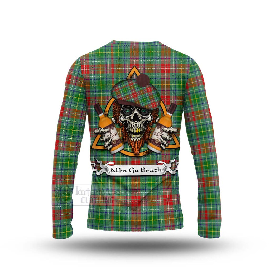 Tartan Vibes Clothing Muirhead Tartan Long Sleeve T-Shirt with Family Crest and Bearded Skull Holding Bottles of Whiskey