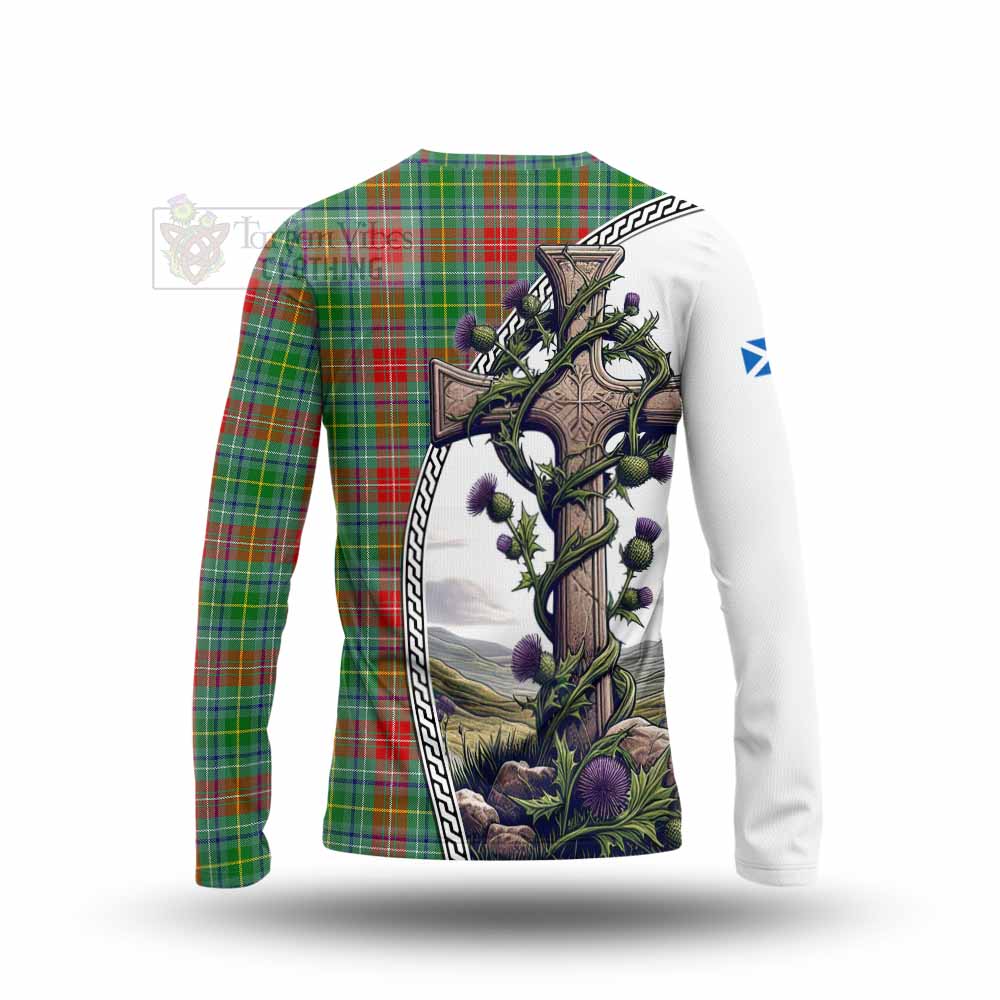 Tartan Vibes Clothing Muirhead Tartan Long Sleeve T-Shirt with Family Crest and St. Andrew's Cross Accented by Thistle Vines