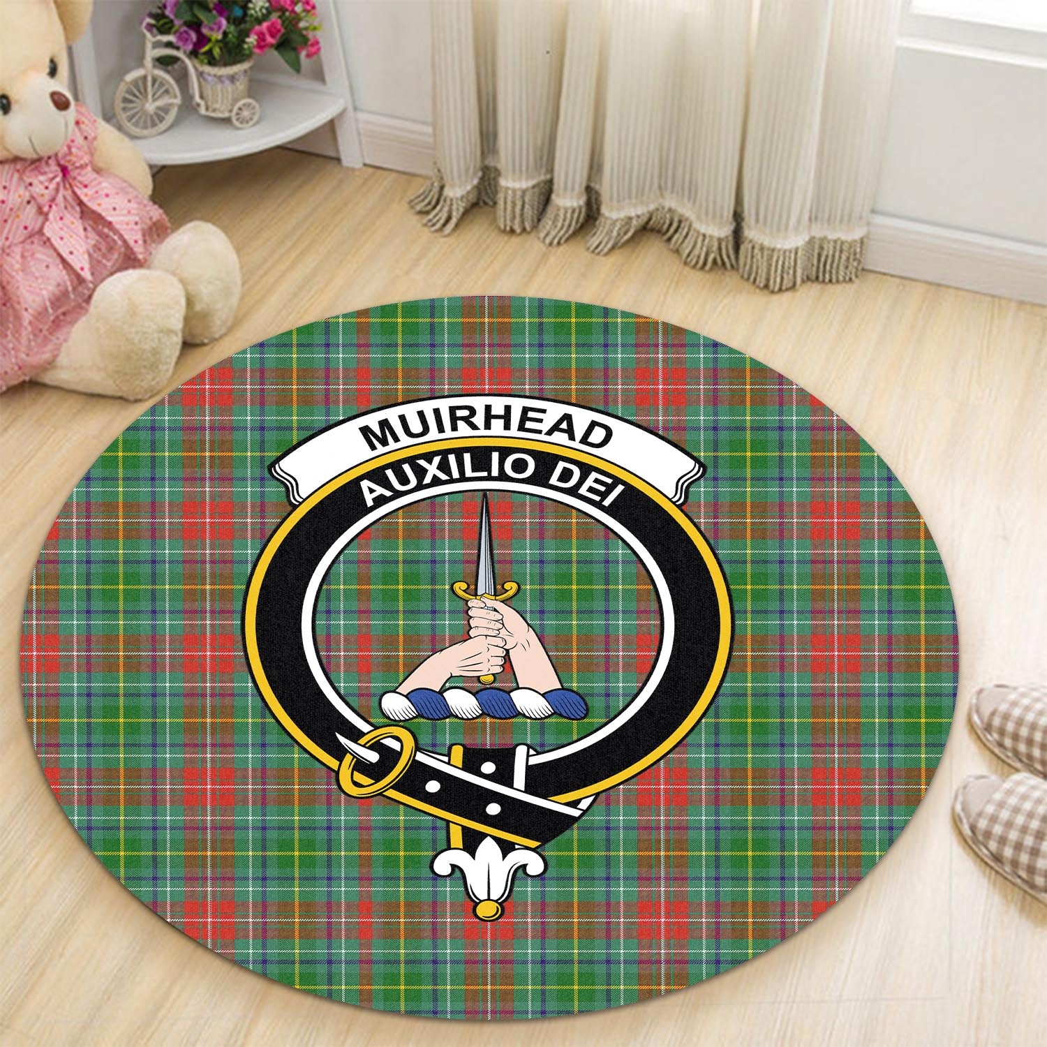 muirhead-tartan-round-rug-with-family-crest