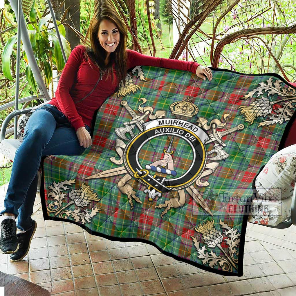 Tartan Vibes Clothing Muirhead Tartan Quilt with Family Crest and Scottish Golden Courage Shield