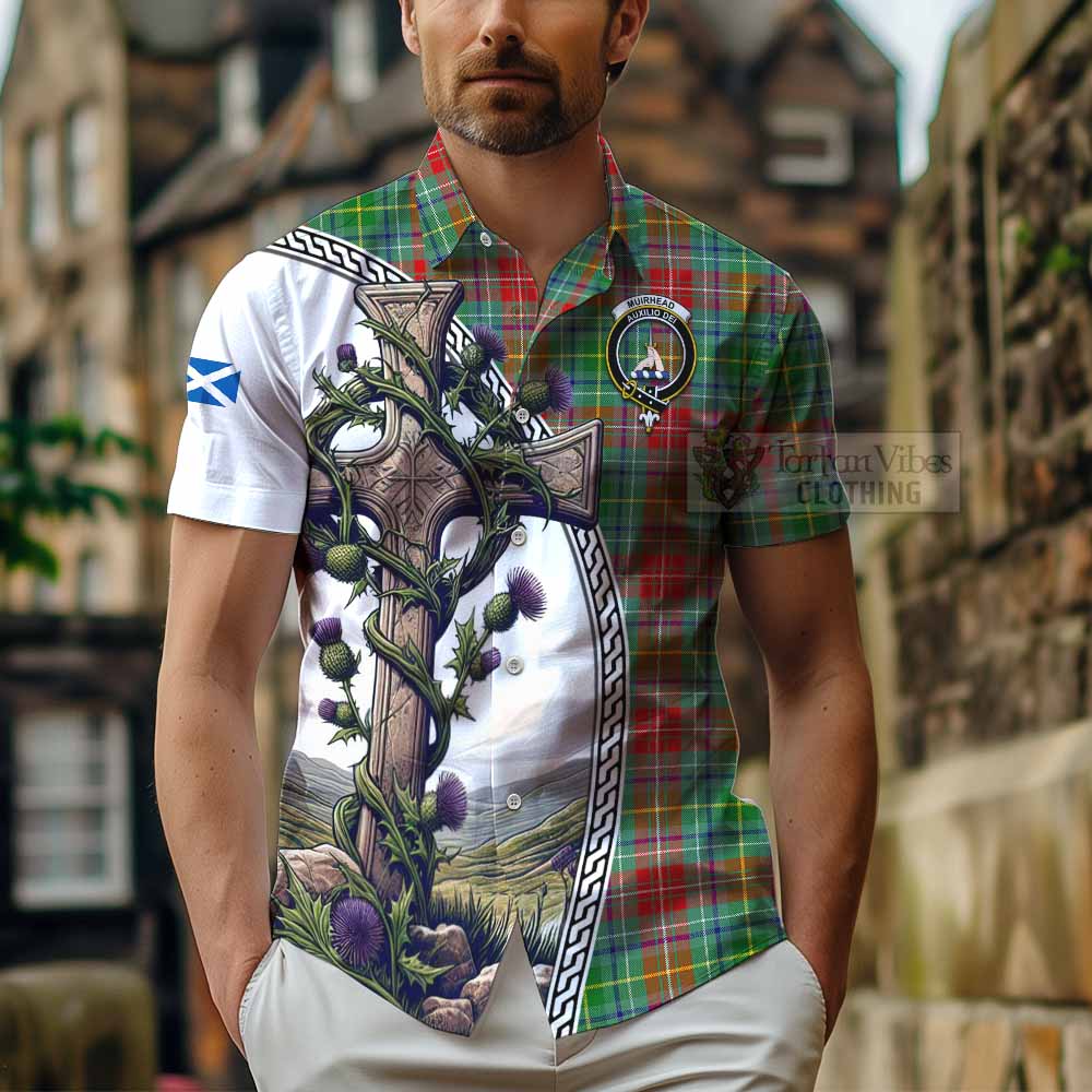 Tartan Vibes Clothing Muirhead Tartan Short Sleeve Button Shirt with Family Crest and St. Andrew's Cross Accented by Thistle Vines