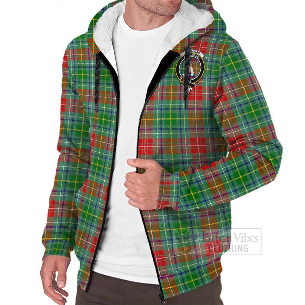 Tartan Vibes Clothing Muirhead Tartan Sherpa Hoodie with Family Crest and Bearded Skull Holding Bottles of Whiskey