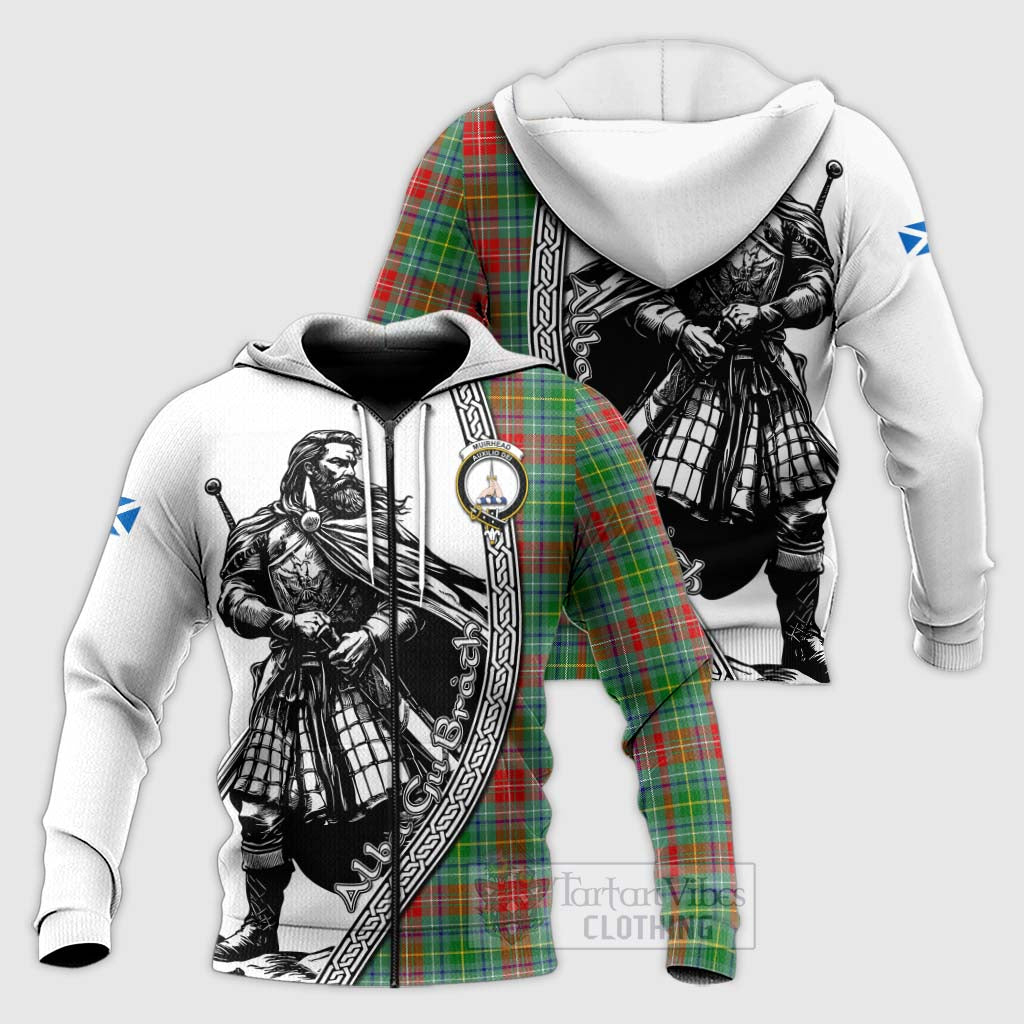 Tartan Vibes Clothing Muirhead Tartan Clan Crest Knitted Hoodie with Highlander Warrior Celtic Style