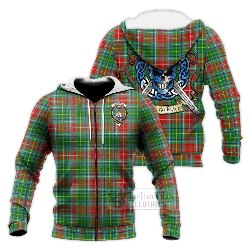 Tartan Vibes Clothing Muirhead Tartan Knitted Hoodie with Family Crest Celtic Skull Style