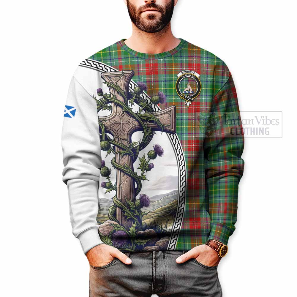 Tartan Vibes Clothing Muirhead Tartan Sweatshirt with Family Crest and St. Andrew's Cross Accented by Thistle Vines