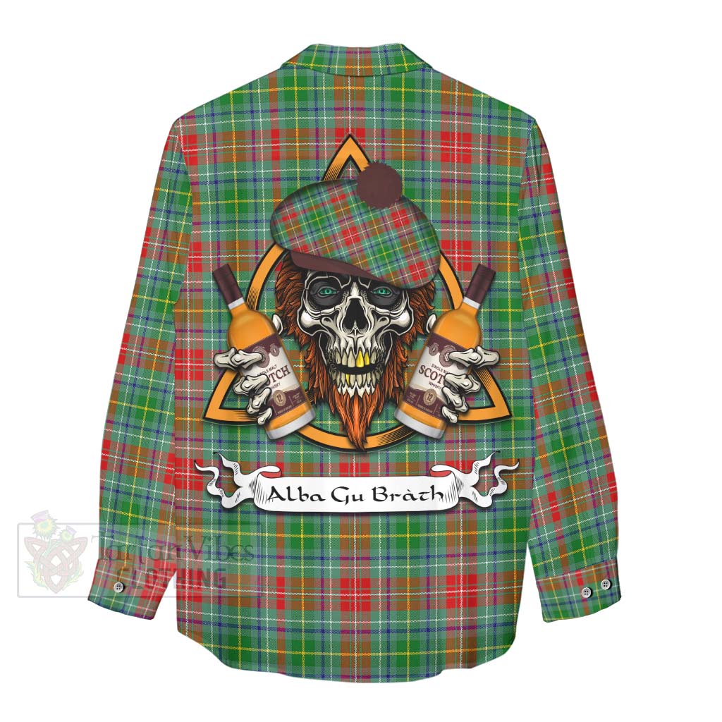 Tartan Vibes Clothing Muirhead Tartan Women's Casual Shirt with Family Crest and Bearded Skull Holding Bottles of Whiskey