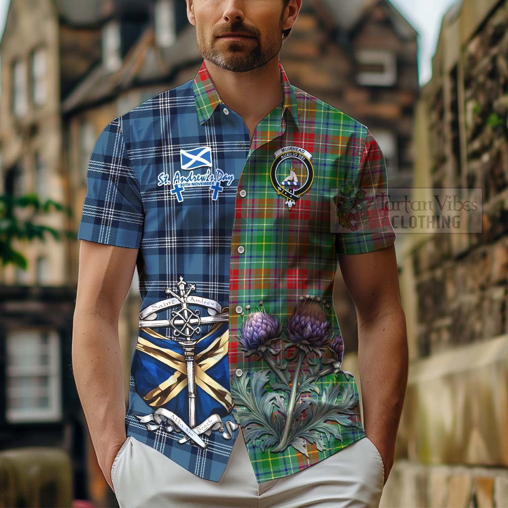 Tartan Vibes Clothing Muirhead Tartan Short Sleeve Button Shirt Happy St. Andrew's Day Half Tartan Style