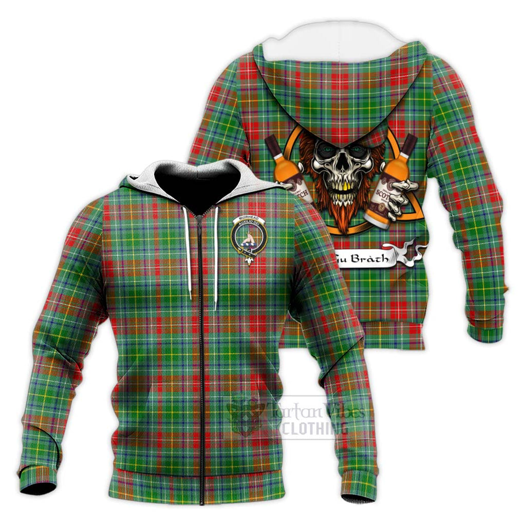 Tartan Vibes Clothing Muirhead Tartan Knitted Hoodie with Family Crest and Bearded Skull Holding Bottles of Whiskey