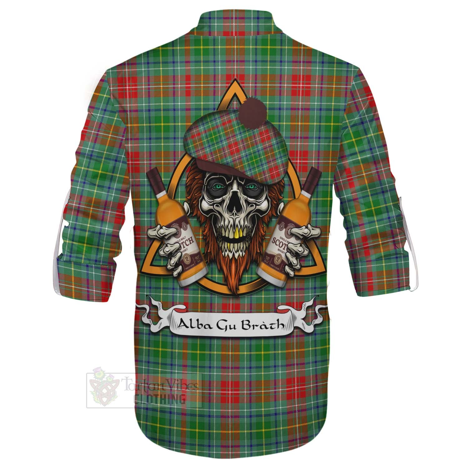 Tartan Vibes Clothing Muirhead Tartan Ghillie Kilt Shirt with Family Crest and Bearded Skull Holding Bottles of Whiskey