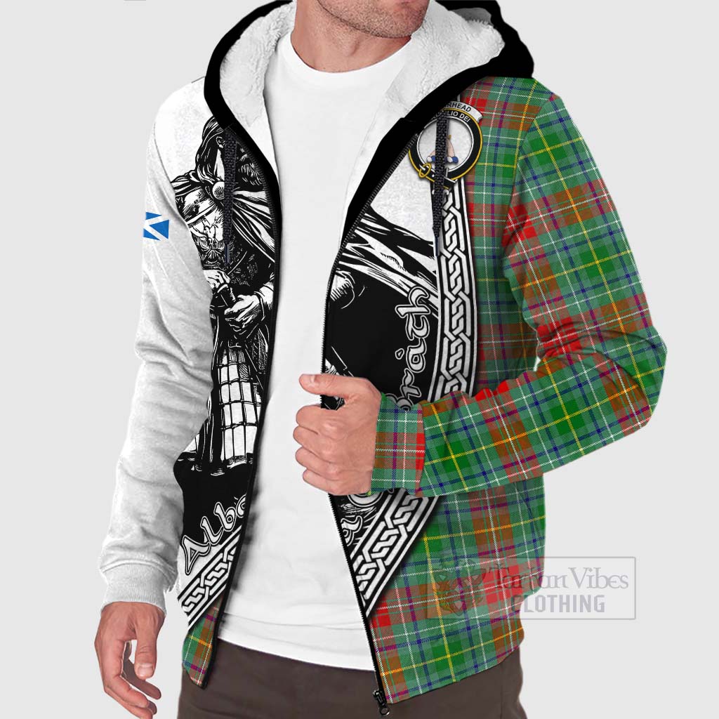 Tartan Vibes Clothing Muirhead Tartan Clan Crest Sherpa Hoodie with Highlander Warrior Celtic Style